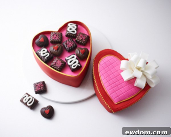 Valentines Candy Heart Surprise Cake 43 Final presentation of the Valentine's Heart Candy Box Cake with the lid propped open