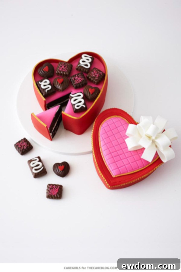 Valentines Candy Heart Surprise Cake 44 Full view of the exquisite Valentine's Heart Candy Box Cake, a perfect romantic dessert