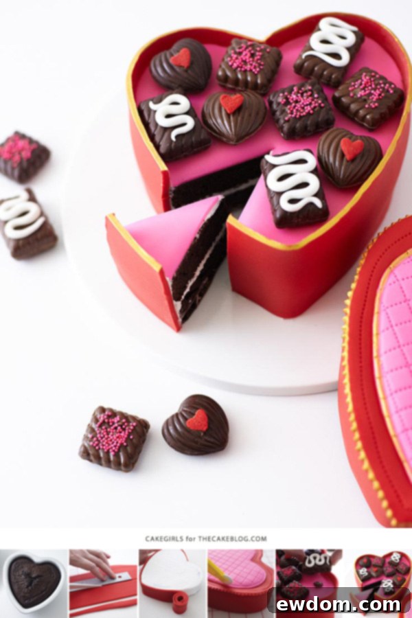 Valentines Candy Heart Surprise Cake 5 Finished Valentine's chocolate box cake with lid slightly ajar, revealing candies