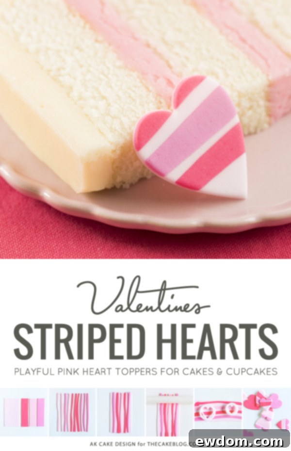 How to make striped heart toppers for cake and cupcakes | Tutorial by AK Cake Design for TheCakeBlog.com