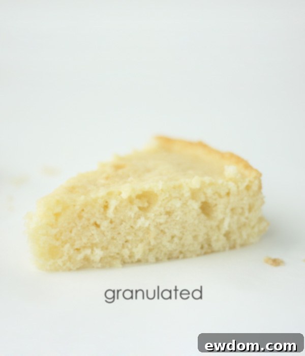 Comparison cake made with granulated sugar, showing optimal height and crumb