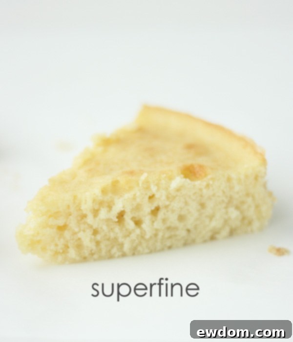 Comparison cake made with superfine sugar, exhibiting a slightly shorter and finer crumb