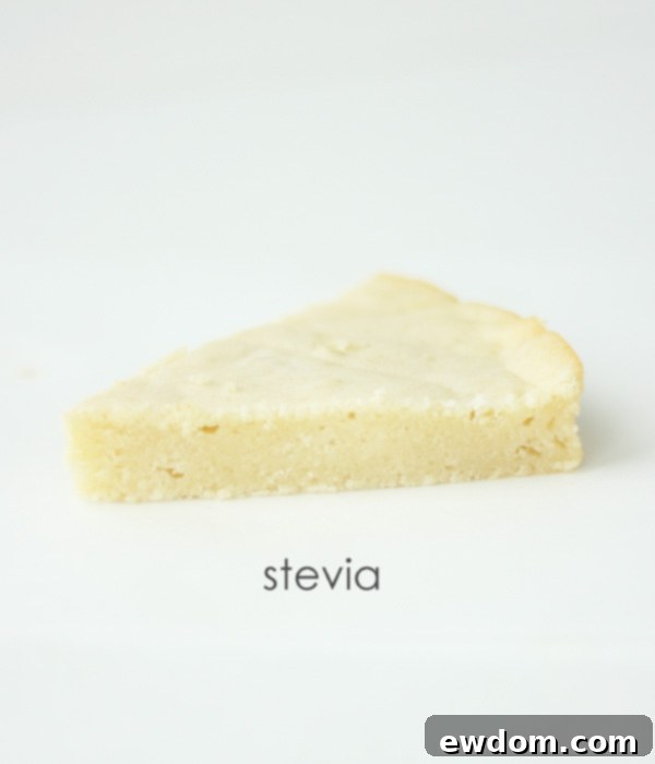 Comparison cake made with stevia, showing poor browning, compact crumb, and structural issues