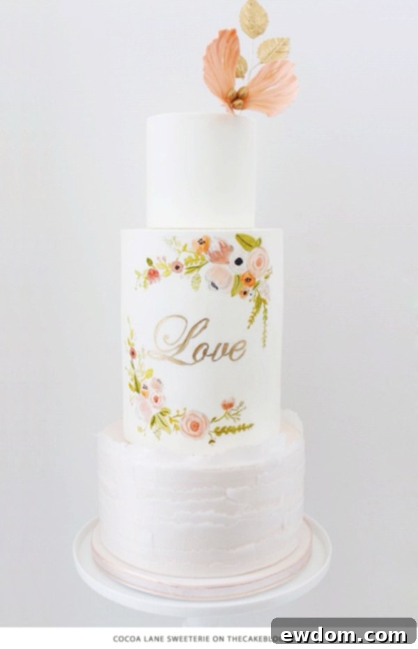 10 Cakes You'll Crave 3 Delicate hand-painted floral cake by Cocoa Lane Sweeterie inspired by Rifle Paper Co. stationery with a golden 'Love' monogram, perfect for romantic celebrations
