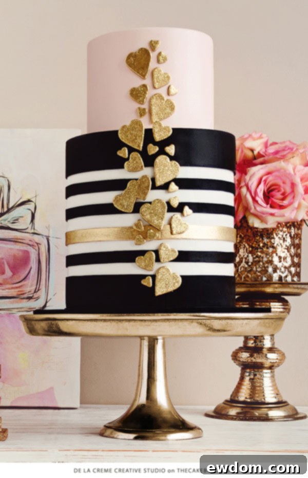 Gorgeous blush pink cake with ultra-tailored black and white stripes and a cascade of 30 glittering hearts by De la Crème Creative Studio for a chic and playful celebration