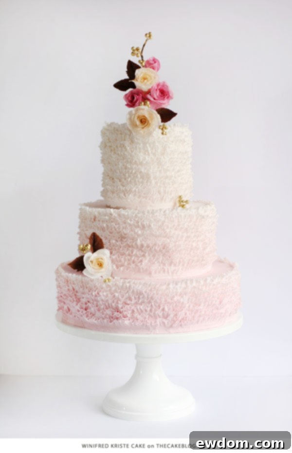 10 Cakes You'll Crave 7 Faint pink ombre cake with delicate frills resembling roses by Winifred Kristé Cake, ideal for a romantic and ethereal wedding or Valentine's celebration