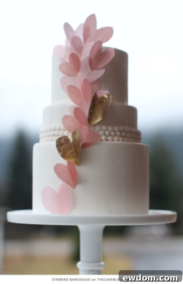 10 Cakes You'll Crave 10 Romantic pink wafer paper hearts cake with golden hearts and pearl band by Starbird Bakehouse, offering an airy and ultra-feminine aesthetic
