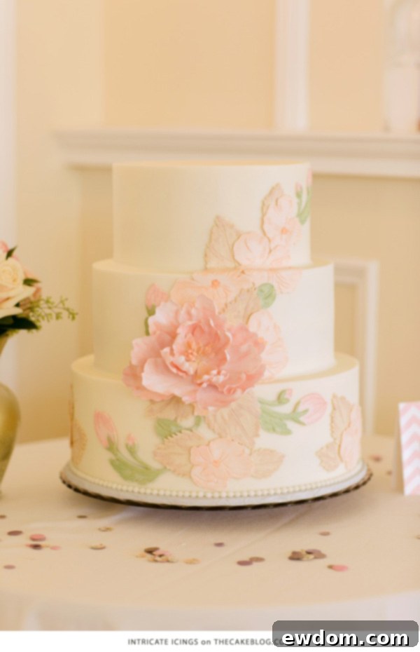 10 Gorgeous Flower Cakes to Welcome Spring 10 Blush and peach floral applique buttercream wedding cake by Intricate Icings with a gumpaste peony.