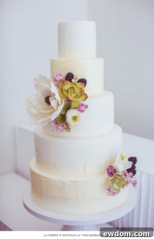 10 Gorgeous Flower Cakes to Welcome Spring 5 Rustic-chic cake by La Fabrik À Gâteaux with unique handmade flowers, succulents, and blackberries.