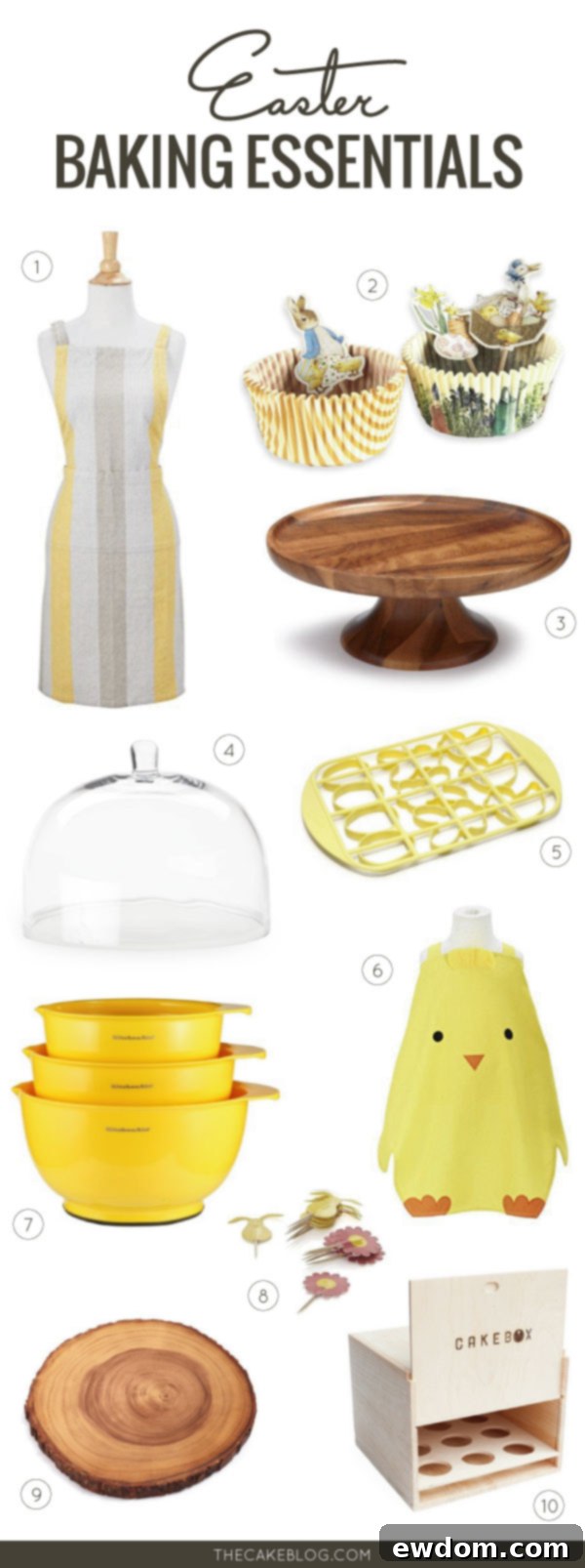 Essential Baking Supplies for Spring and Easter Entertaining, featuring aprons, cake stands, and cookie cutters to brighten your kitchen.