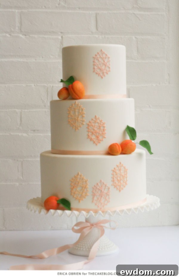 The completed Peach String Art Cake by Erica O'Brien, a stunning blend of modern design and spring elegance.
