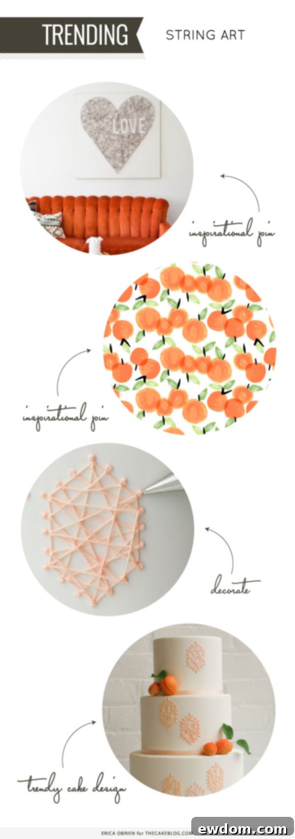 Close-up detail of the intricate peach and apricot royal icing string art on a modern tiered cake.