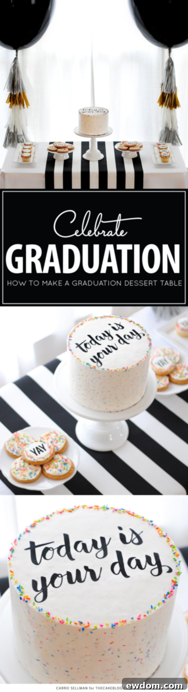 Graduation Party Desserts featuring a DIY sprinkle cake with easy edible writing, perfect for celebrating academic milestones.
