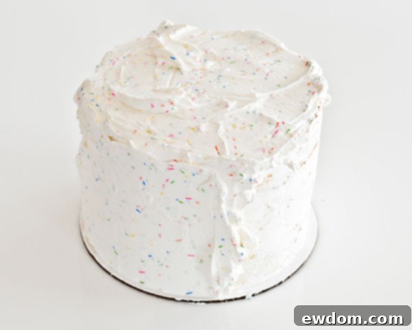 Frosting the cake with sprinkle buttercream, a crucial step for achieving a smooth and festive surface on the DIY sprinkle cake for Graduation Party Desserts.