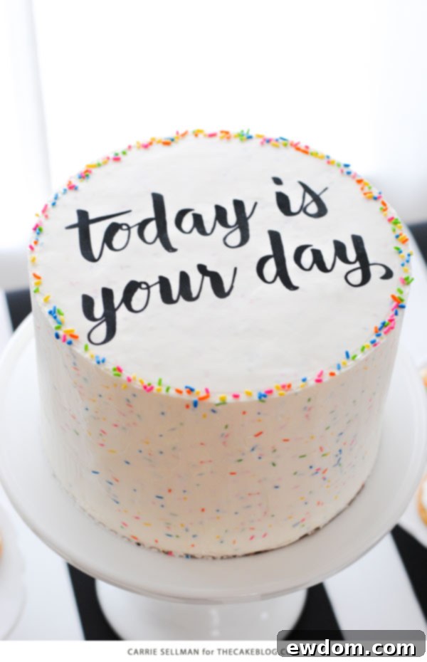 The complete DIY sprinkle cake with easy edible writing, ready to be served as a delightful centerpiece for Graduation Party Desserts.