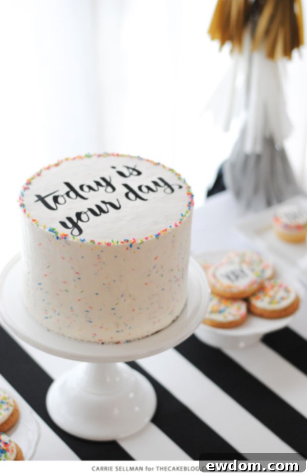 Stunning Graduation Party Desserts, including a DIY sprinkle cake featuring easy, perfectly written edible messages, adding a personalized touch to the celebration.