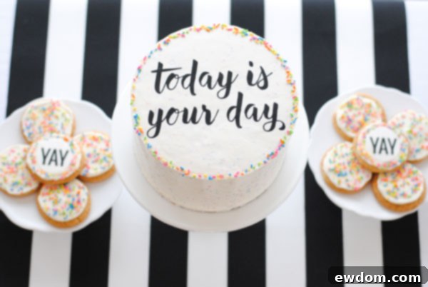 Close-up of Graduation Party Desserts, highlighting a DIY sprinkle cake adorned with easy edible writing created using PhotoCake® images.
