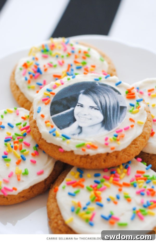 Assortment of Graduation Party Desserts, including personalized DIY photo cookies featuring the graduate and easy YAY sprinkle cupcakes, all perfect for a festive celebration.