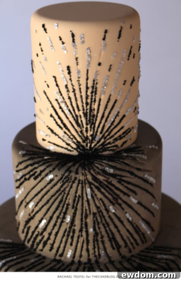 Achieving Design Harmony 7 Close-up of Black & Silver Sequin Cake Details | Edible Art by Rachael Teufel