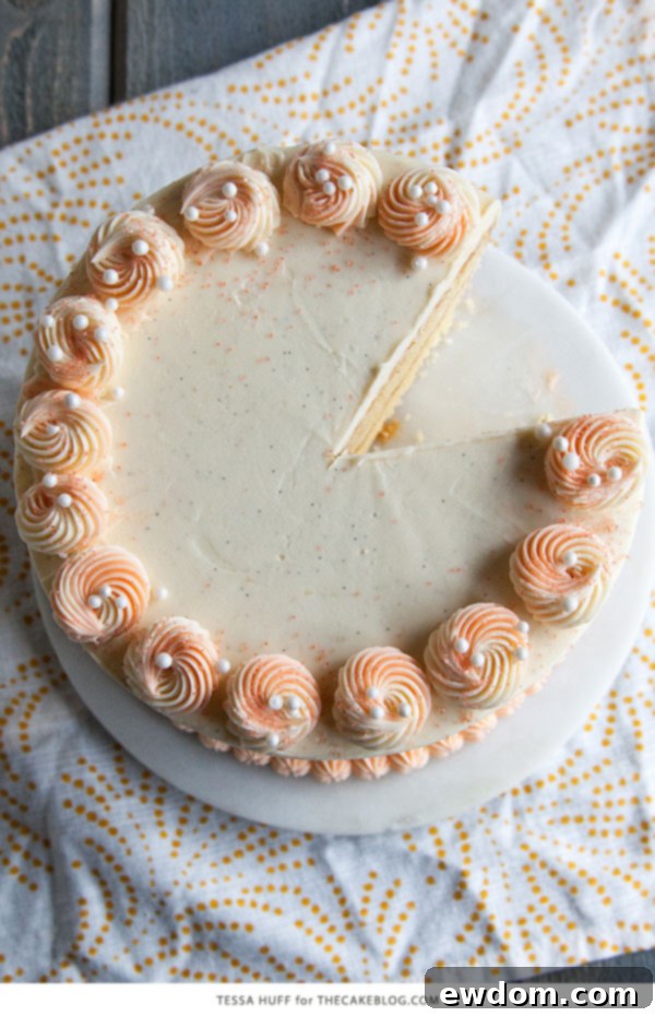 Detailed view of the layered Orange Creamsicle Cake with orange zest