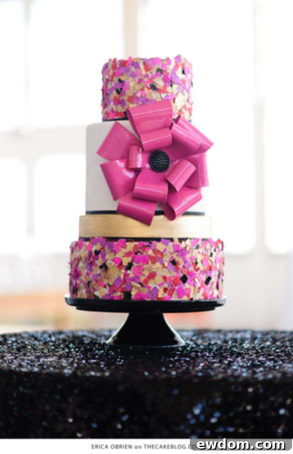 10 Explosive Confetti Cakes 3 Glamorous Wafer Paper Confetti Cake by Erica OBrien | Pink Patent Sugar Bow Cake Design