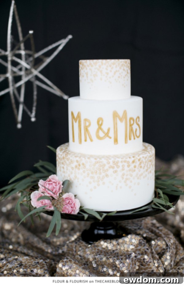 10 Explosive Confetti Cakes 7 Golden Confetti Shower Cake for Mr & Mrs by Flour & Flourish | Elegant Wedding Cake Design