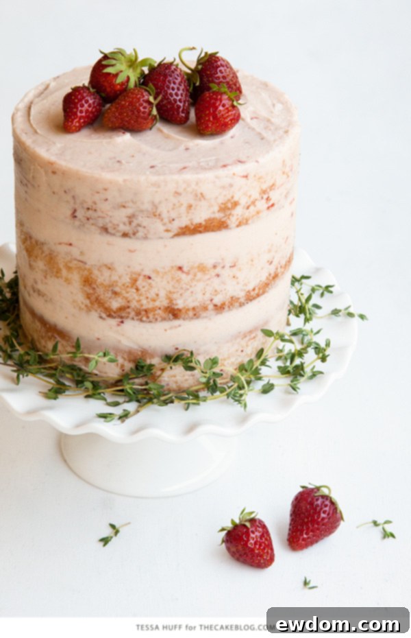 Thyme-Infused Strawberry Bliss 4 Close-up of a rustic Strawberry Thyme Cake, showcasing its 'naked' sides