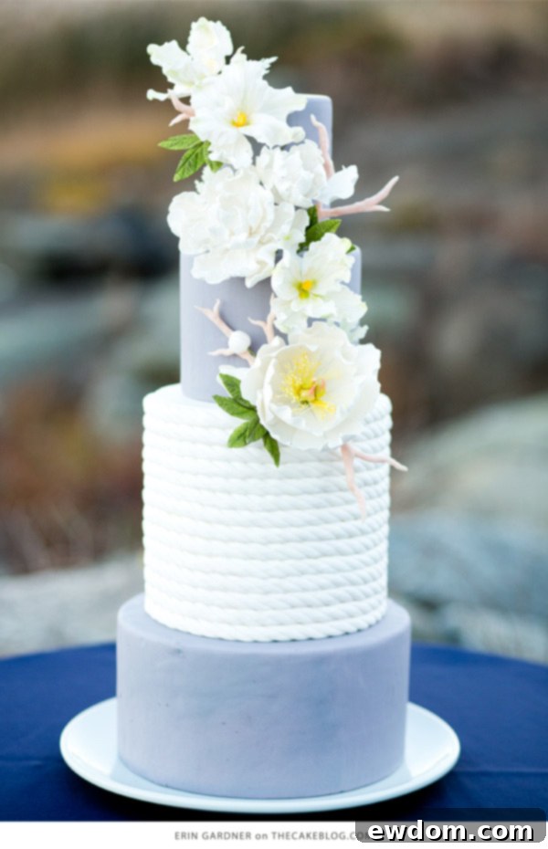 Grey tiered nautical cake with fondant rope detailing and gum paste peonies by Erin Gardner