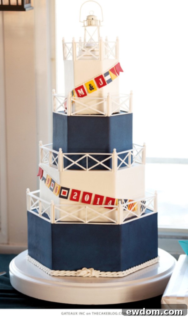 Lighthouse-themed nautical wedding cake with edible railings and flags by Gateaux Inc.