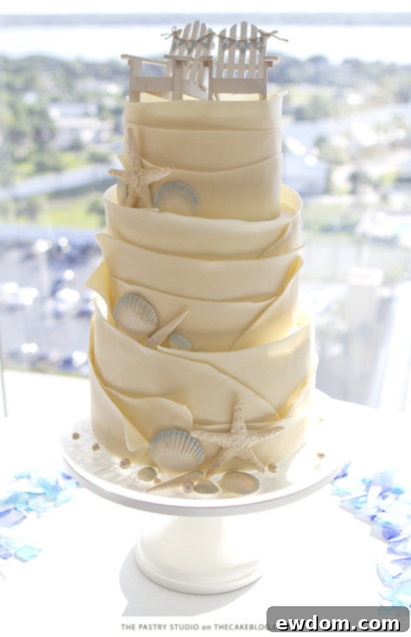 Elegant white chocolate ruffled tiers with edible seashells and starfish by The Pastry Studio
