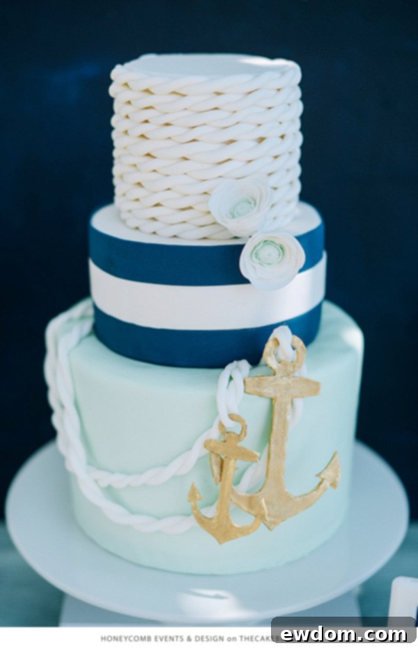 Navy and striped nautical cake with golden anchors and mint accents by Honeycomb Events & Design