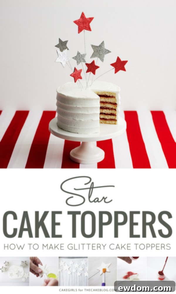 How to make glittery, star shaped cake toppers on wire for a Stars and Stripes Cake. An easy DIY cake decoration that can be made in advance | by Cakegirls for TheCakeBlog.com