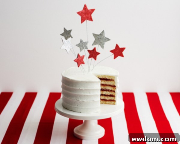 Close-up of DIY glittery star cake toppers on wires for patriotic cakes and other celebrations | by Cakegirls for TheCakeBlog.com