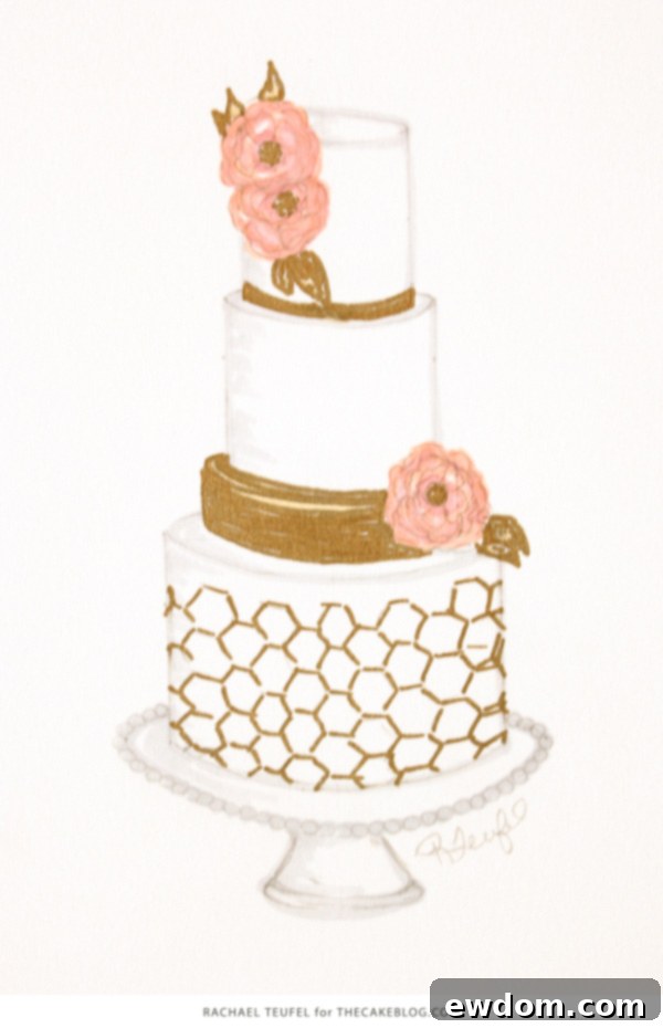 Sketch demonstrating modern cake design with varied tier heights for enhanced focal points