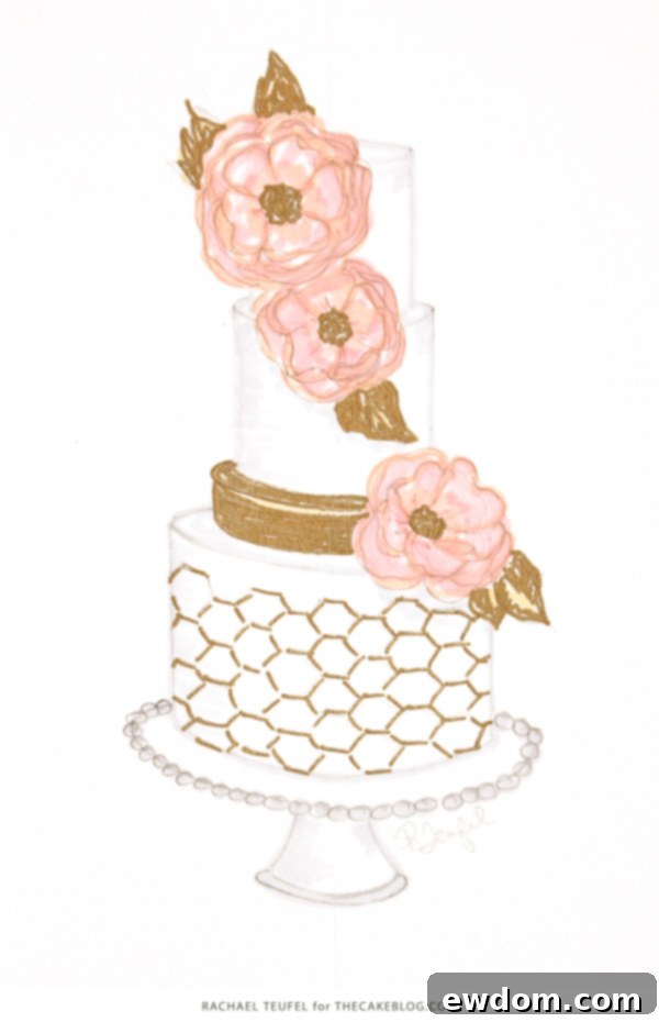 Sketch illustrating enhanced floral scale for dramatic effect in cake design by Rachael Teufel