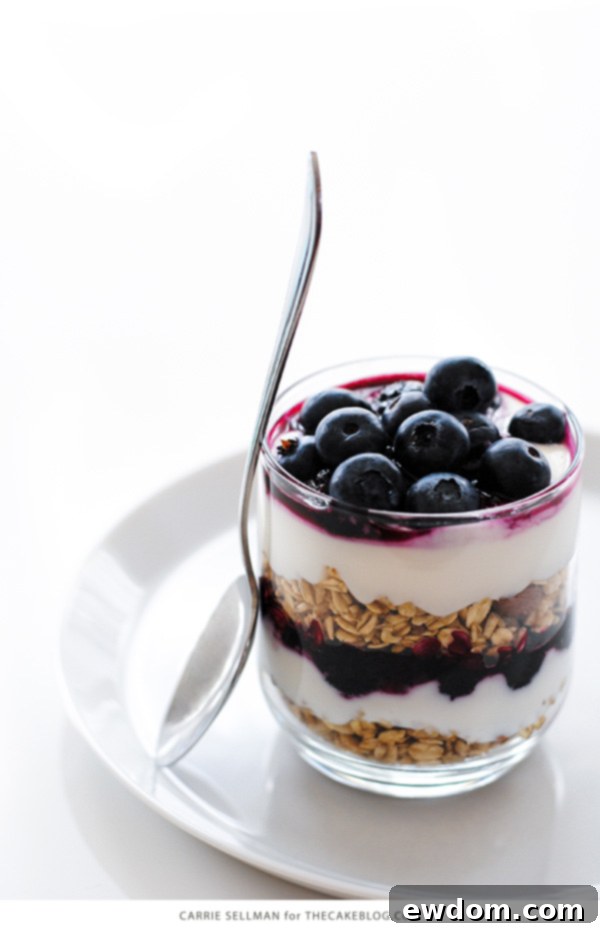 Berry Bliss Parfaits 3 Close-up of a layered Roasted Blueberry Breakfast Parfait, showcasing vibrant roasted blueberries, golden granola, and rich honey yogurt in a clear glass.