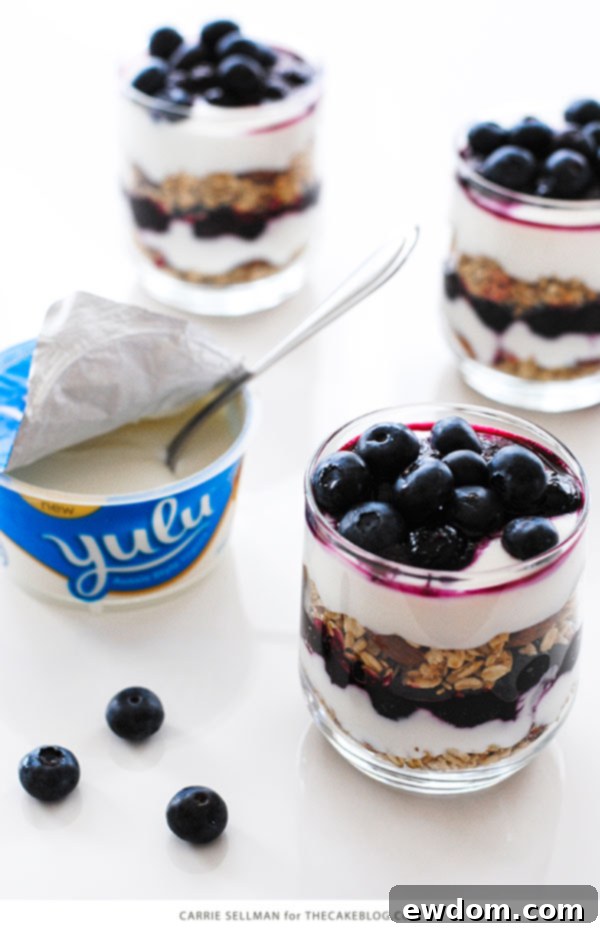 Berry Bliss Parfaits 6 All ingredients neatly laid out for Roasted Blueberry Yogurt Parfaits, featuring fresh blueberries, Yulu Honey Yogurt containers, and granola, ready for preparation.