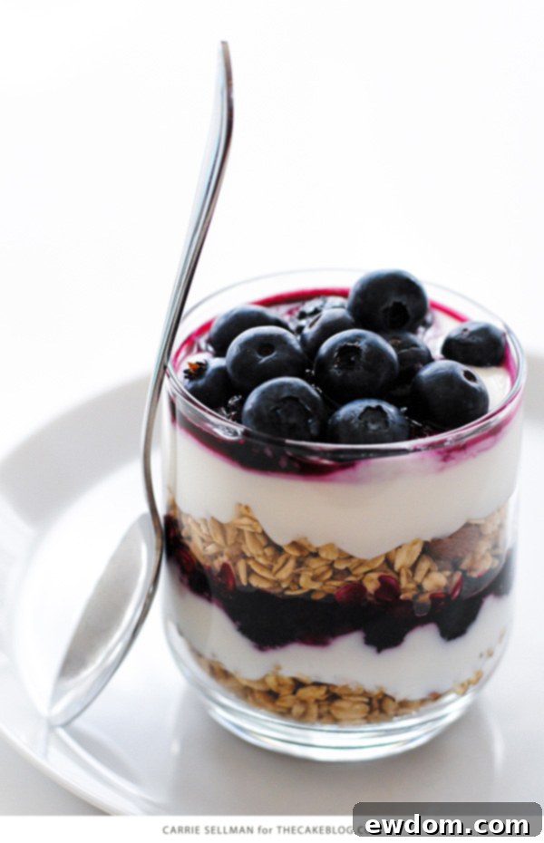 Berry Bliss Parfaits 7 A vibrant, close-up shot of a finished Roasted Blueberry Yogurt Parfait, perfectly layered and garnished, ready to be savored.