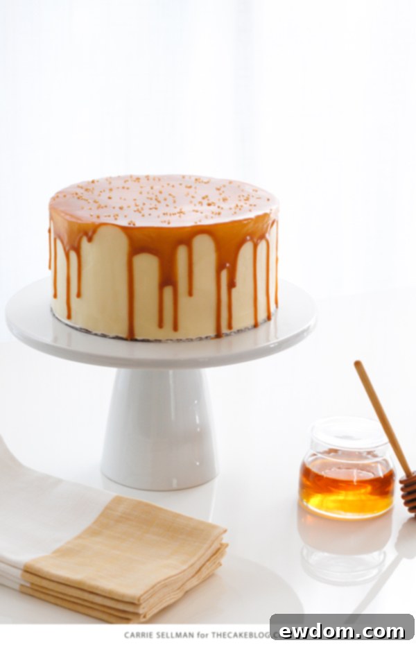 A beautifully decorated Honey Butter Cake ready to be served, highlighting its luscious layers and rich textures.