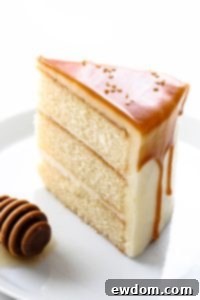 Honey Butter Cake | honey cake with honey cream cheese frosting topped with a honey butterscotch glaze | by Carrie Sellman for TheCakeBlog.com