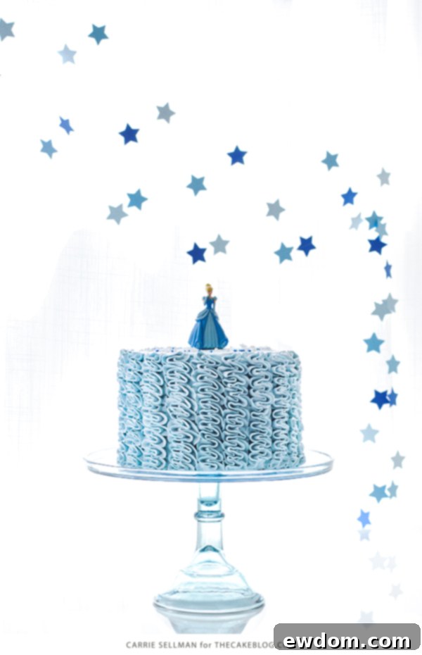 Overhead view of the stunning Cinderella cake with buttercream ruffles and sprinkles