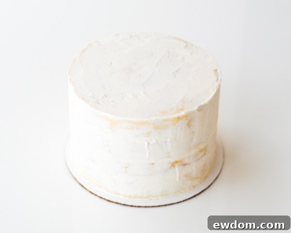 Applying the crumb coat to an 8-inch round cake for the Cinderella design