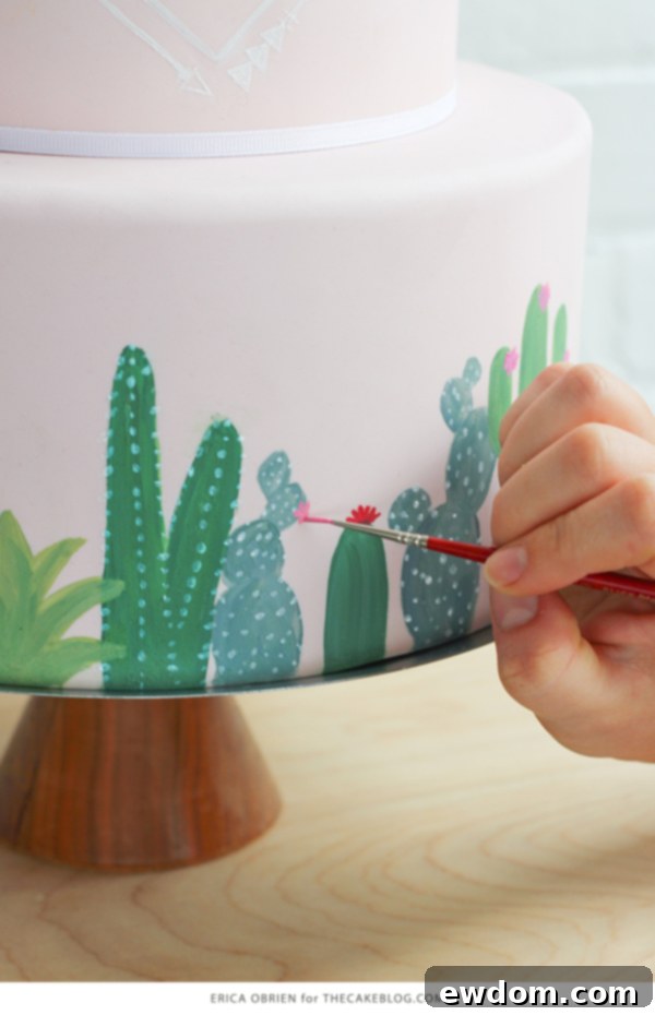 Atomic Age Cactus Confection 7 Hand-painted cacti and desert flowers details on Erica OBrien's Mid-Century Cake