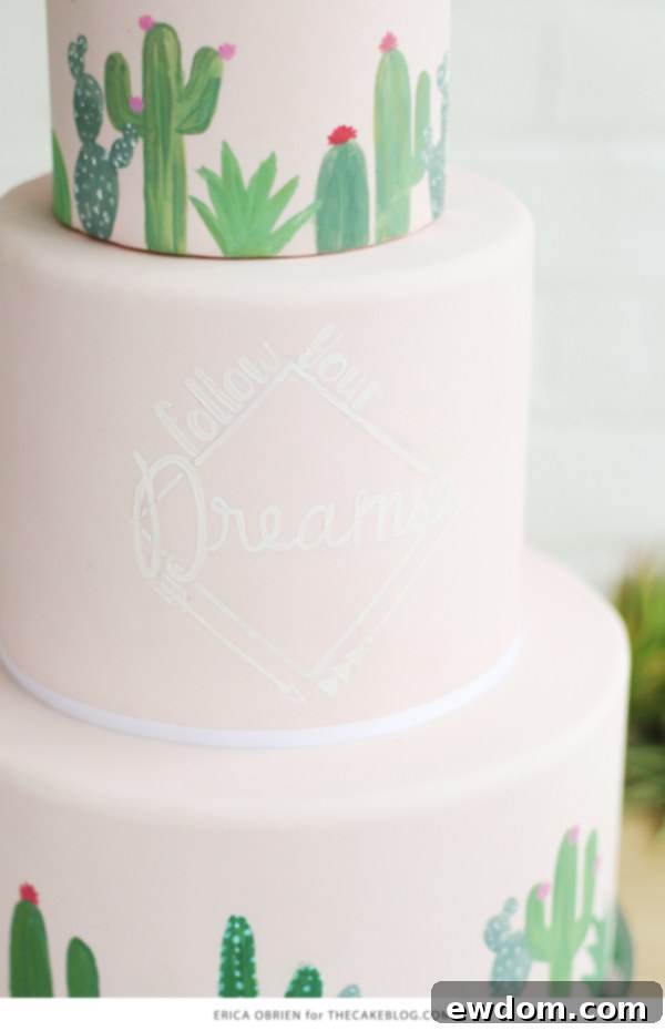 Atomic Age Cactus Confection 8 Contemporary calligraphy details on the middle tier of the Mid-Century Cactus Cake