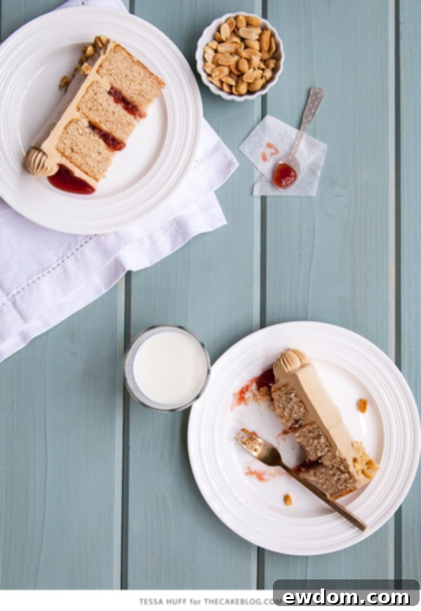 Peanut Butter & Jelly Cake with a smooth jam top and buttercream piping