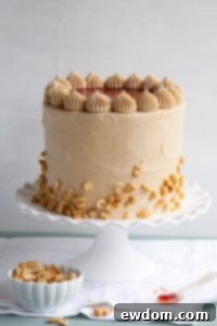 Peanut Butter & Jelly Cake with brown sugar peanut butter frosting, strawberry jam, and chopped peanuts