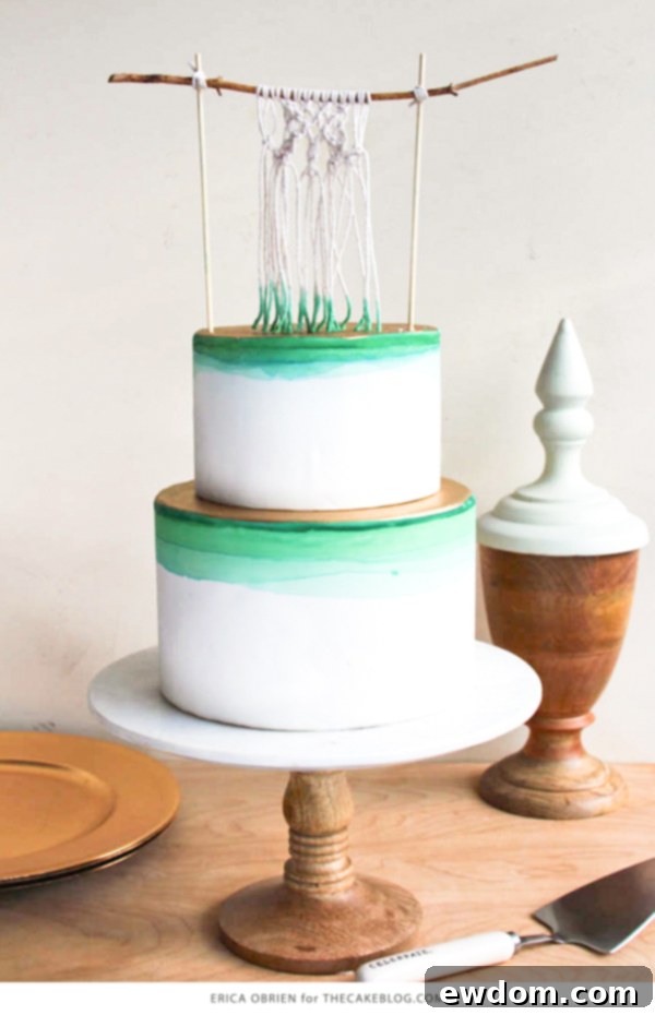 Gradient Macramé Masterpiece 2 Stunning macrame cake by Erica OBrien featuring dip-dyed green shades and elegant gold leaf details.