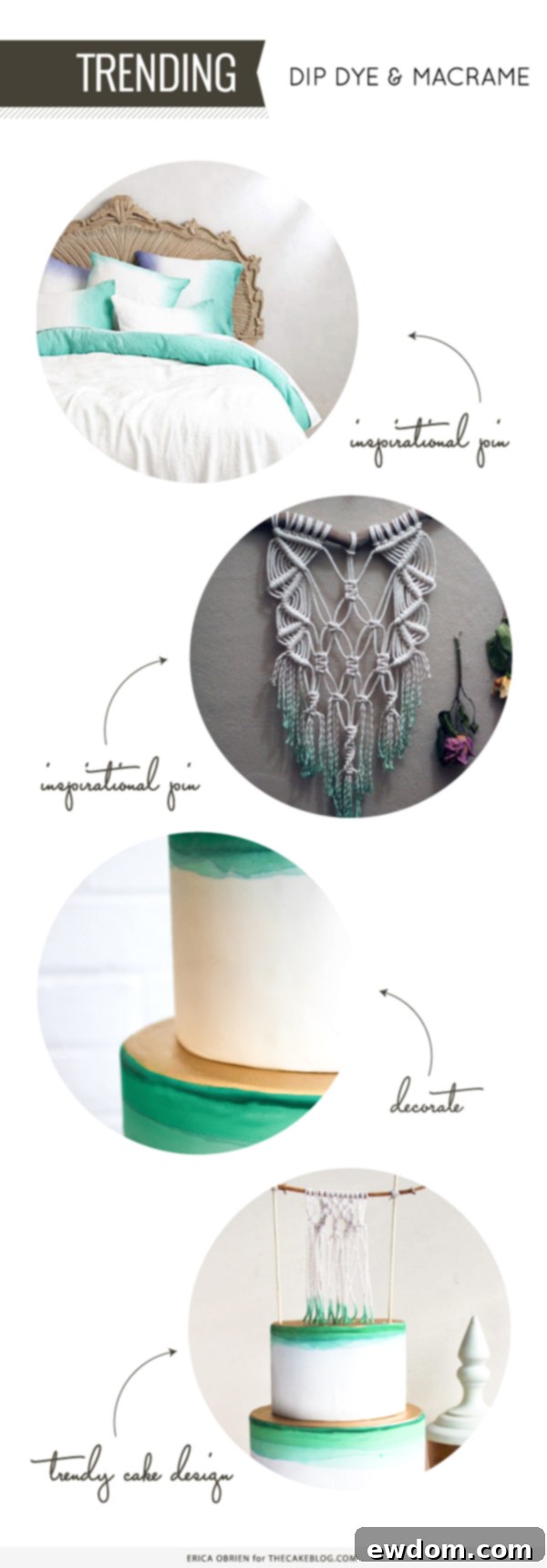 Gradient Macramé Masterpiece 3 Close-up of the intricate macrame cake topper and the dip-dyed effect on the cake, created by Erica OBrien.