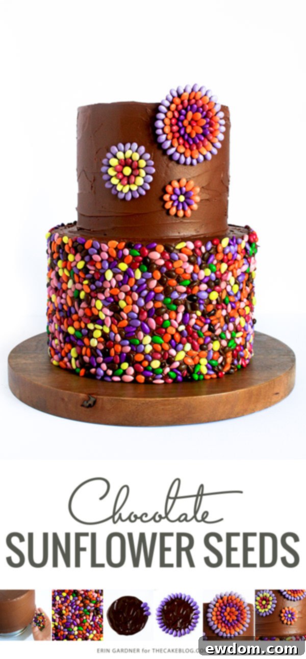 Stunning tiered cake decorated with vibrant chocolate sunflower seeds as confetti and medallions, a tutorial by Erin Gardner