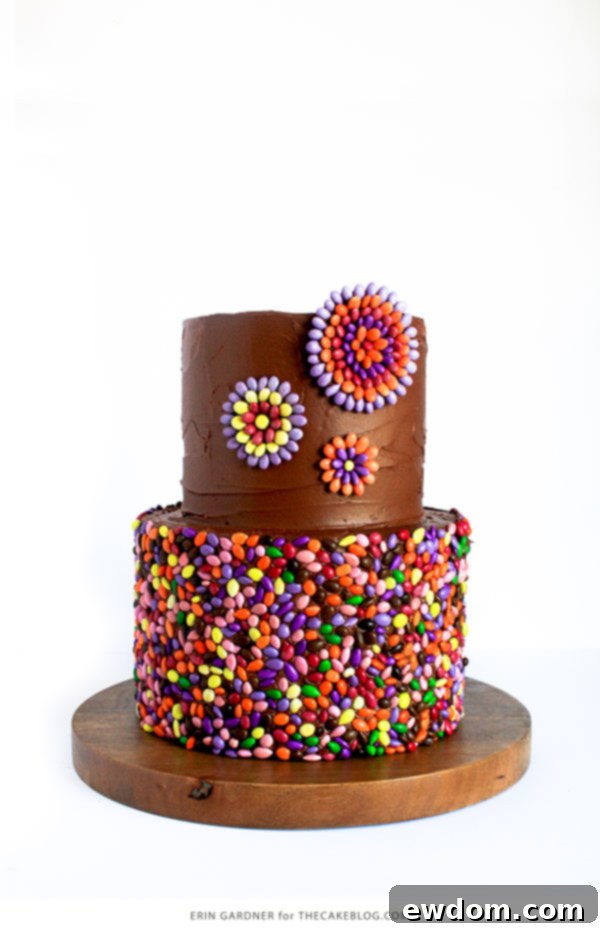 Close-up view of a chocolate buttercream cake adorned with colorful chocolate sunflower seed confetti, showcasing intricate texture and design